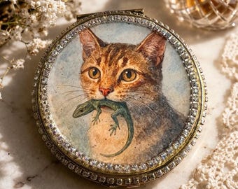 Vintage  Cat Compact Mirror, Rhinestone Trim, Floral Garden Art, Gold-Tone Pocket Mirror distress look