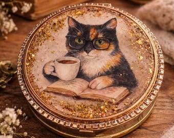Vintage Cat Compact Mirror, Rhinestone Trim, Floral Garden Pocket, Cat Lover Accessory distress look