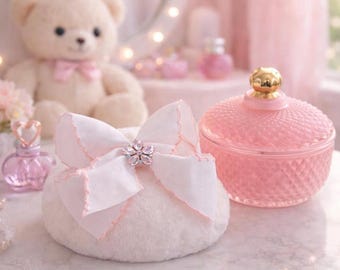 Plush Powder Puff with Bow and Glass Jar – Vanity Decor Set