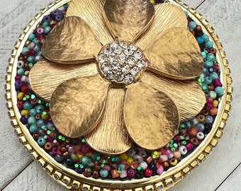 Floral Compact Mirror. Beaded Travel Purse Mirror