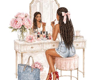 Black Woman Vanity Watercolor Art, Glam Beauty Room Decor, Peony Floral Illustration (Digital Download)