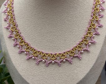 Dusty Pink Beaded Lace Necklace | hand woven glass beads necklace 16 to 18 inches