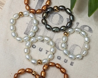 Fresh Water Pearl Ring with Gold Plated Stainless Steel Bead Detailing | Stretchy Dainty Jewelry