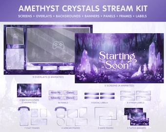 Paquete de superposiciones moradas para Twitch: fondos animados, paneles y pantallas para Twitch, YouTube y Vtuber Streamers - Tema Amethyst Crystals