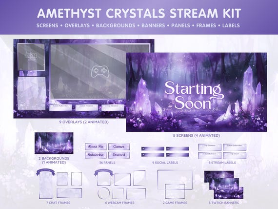 Purple Twitch Overlay Package - Animated Background, Twitch Panels, Screens for Twitch, Youtube, Vtuber Streamers - Amethyst Crystals Theme