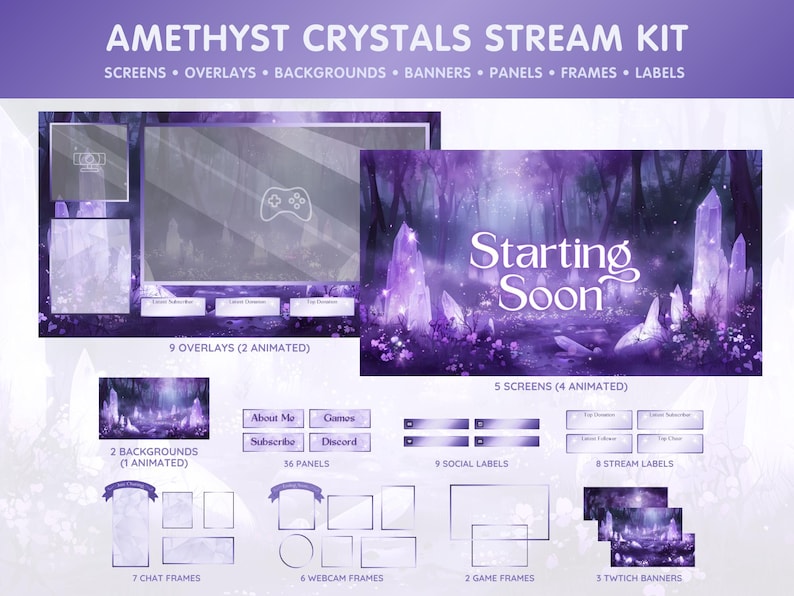 Puede incluir: Kit de transmisi&oacute;n Amethyst Crystals para Twitch o YouTube. Incluye 9 superposiciones, 2 fondos, 36 paneles, 9 etiquetas sociales, 8 etiquetas de transmisi&oacute;n, 7 marcos de chat, 6 marcos de c&aacute;mara web, 2 marcos de juego y 5 banners de Twitch. El kit presenta un esquema de color morado y blanco con un tema de bosque y cristal. El texto "Starting Soon" aparece en una de las pantallas.