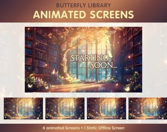 4 pantallas de transmisión animadas para Twitch - Butterfly Library: Pantalla de inicio, Vuelvo enseguida, Sin conexión, Pantalla de finalización, Lo-Fi acogedor