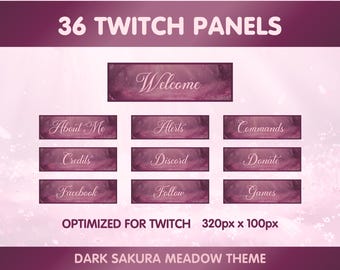 36 paneles de Twitch: diseño de canal rosa, tema de flor de cerezo, información, bienvenida, botones sociales, paneles de Twitch adorables, estética de flor de sakura