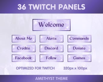 36 paneles de Twitch: arte de canal morado, tema de cristales de amatista, información, bienvenida, botones sociales, paneles de Twitch adorables, estética de brujas.