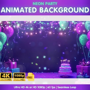 May include: Animated background with a purple and blue color scheme. The background features a birthday cake with lit candles, confetti, and balloons. The text "NEON PARTY ANIMATED BACKGROUND" is at the top of the image. The text "Ultra HD 4k or HD 1080p | 60 fps | Seamless Loop" is at the bottom of the image.