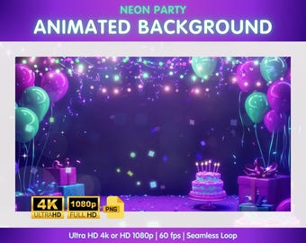Fondo animado, fondo de cumpleaños neón para Vtuber, recursos de Vtuber, fondo de Twitch, fiesta, globos, decoraciones para stream de Twitch - NP1124