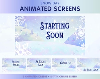 5 Animated Stream Screens for Twitch - Snow Day Winter Themed - Starting Soon Screen, Be Right Back, Offline, Ending Screen - SD1224