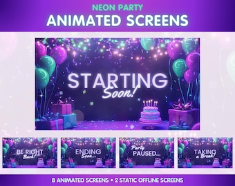 8 pantallas de transmisión animadas para Twitch: Fiesta de cumpleaños de neón, Pantalla de inicio, Vuelvo enseguida, Sin conexión, Pantalla de fin - NP1124