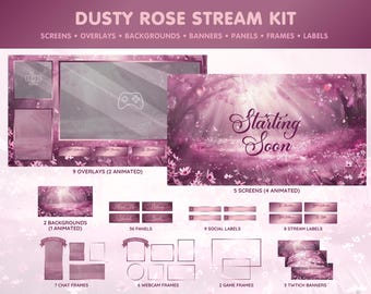 Paquete de superposiciones de Twitch en rosa: fondos animados, paneles de Twitch, pantallas para Twitch, YouTube y Vtuber Streamers - Tema Dusty Rose