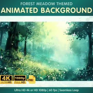 Könnte beinhalten: Animierter Hintergrund mit einer üppigen grünen Waldwiese mit einem sonnenbeschienenen Weg und funkelnden Lichtern. Der Hintergrund ist in 4K Ultra HD oder 1080p Full HD Auflösung verfügbar.