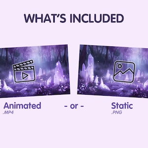 May include: Two images depicting a purple and blue fantasy forest scene with glowing crystals. The first image features a play button icon on a film reel, signifying an animated video. The second image displays a picture frame icon, indicating a static image. The text beneath the images reads "Animated .MP4 - or - Static .PNG".
