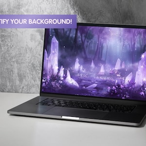 May include: A laptop computer displaying a digital illustration of a purple and white crystal forest. The text "BEAUTIFY YOUR BACKGROUND!" is displayed at the top of the screen.