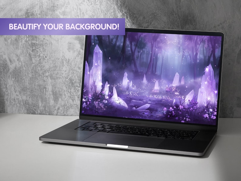 May include: A laptop computer displaying a digital illustration of a purple and white crystal forest. The text "BEAUTIFY YOUR BACKGROUND!" is displayed at the top of the screen.