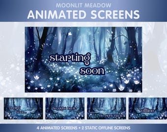 4 Animated Stream Screens for Twitch Streamer - Blue Moonlit Meadow - Starting Soon Screen, Be Right Back, Offline, Ending Screen, Witchy