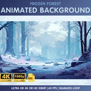 Op de afbeelding: Een geanimeerde achtergrond met een besneeuwd bos met een bevroren rivier. De scène is gerenderd in een blauw en paars kleurenpalet met een zachte, dromerige esthetiek. De achtergrond is naadloos en loopt soepel in een lus.