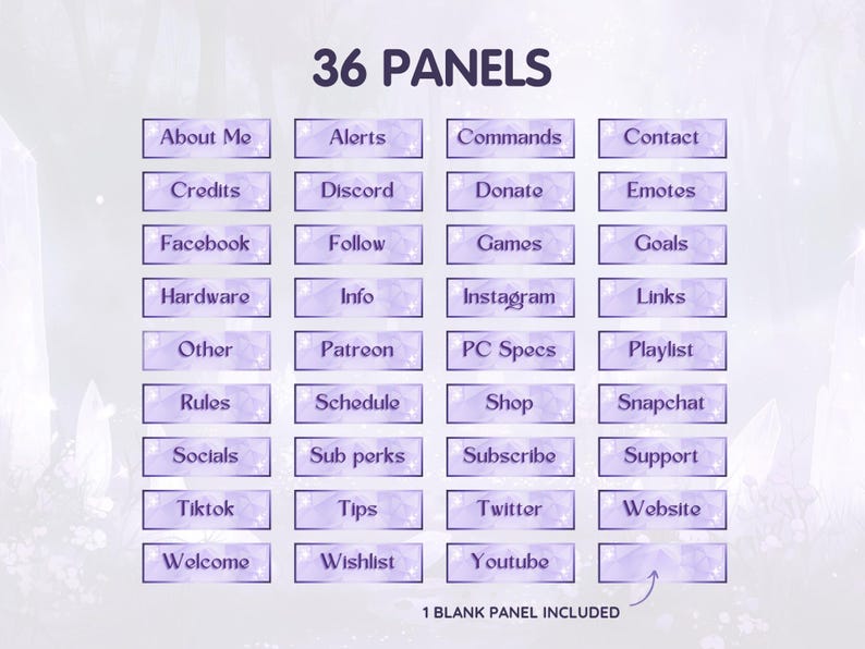 Puede incluir: Una superposici&oacute;n digital p&uacute;rpura y blanca con 36 paneles para streaming de Twitch o YouTube. Los paneles incluyen texto como "Acerca de m&iacute;", "Alertas", "Comandos", "Contacto", "Cr&eacute;ditos", "Discord", "Donar", "Emojis", "Facebook", "Seguir", "Juegos", "Metas", "Hardware", "Informaci&oacute;n", "Instagram", "Enlaces", "Otro", "Patreon", "Especificaciones de PC", "Lista de reproducci&oacute;n", "Reglas", "Horario", "Tienda", "Snapchat", "Redes sociales", "Beneficios de suscripci&oacute;n", "Suscribirse", "Soporte", "Tiktok", "Consejos", "Twitter", "Sitio web", "Bienvenido", "Lista de deseos" y "Youtube".