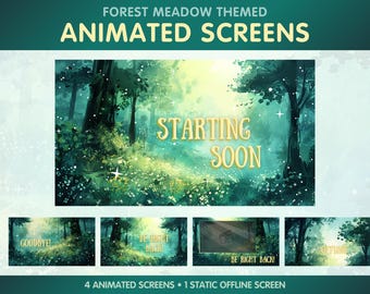 4 pantallas de transmisión animadas para Twitch, 1 pantalla sin conexión (próximamente), pantallas de "Vuelvo enseguida" y pantalla de "Adiós" (final) (bosque verde).