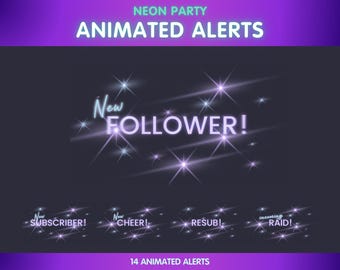 14 alertas de transmisión animadas para Twitch, YouTube y TikTok - Destellos de fiesta de neón - Nuevos suscriptores, seguidores, donaciones - Vtuber, PNGTuber, Streamer