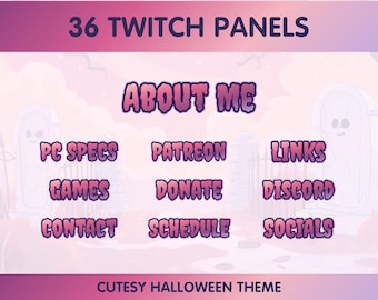36 paneles de Twitch: Arte de canal de Halloween con temática rosa y morada, Acerca de, Bienvenida, Redes sociales - CG1024