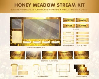 Paquete de superposiciones amarillas para Twitch: fondo animado estilo cottagecore, paneles de Twitch, pantallas de lanzamiento, marcos de cámara web - Honey Meadow