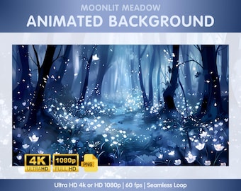 Fondo animado, fondo azul de Vtuber, recursos de Vtuber, fondo de Twitch, decoraciones de transmisión de Twitch con luz de luna de medianoche encantada