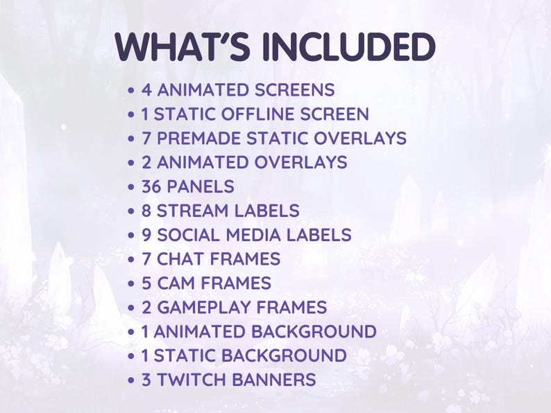 Puede incluir: Una lista de elementos incluidos en un paquete de streaming. La lista incluye pantallas animadas, pantallas est&aacute;ticas, superposiciones, paneles, etiquetas, marcos y fondos. El texto "WHAT'S INCLUDED" est&aacute; en la parte superior de la lista.