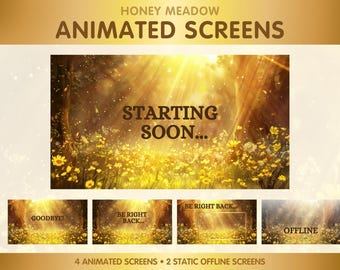 4 pantallas de transmisión animadas para Twitch - Yellow Honey Meadow - Pantalla de inicio, Vuelvo enseguida, Sin conexión, Pantalla de fin, Lo-Fi acogedor