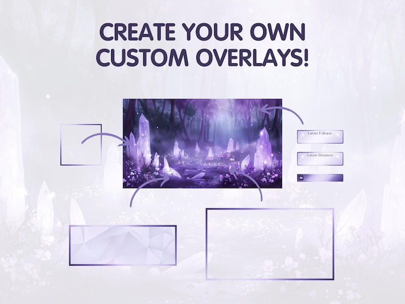 Puede incluir: Crea tus propias superposiciones personalizadas con esta ilustraci&oacute;n digital p&uacute;rpura y blanca que presenta una escena de bosque m&aacute;gico con cristales brillantes y un fondo degradado. La imagen tambi&eacute;n incluye cuadros de texto para "&Uacute;ltimo seguidor" y "&Uacute;ltima donaci&oacute;n" y un control deslizante.