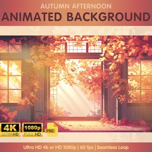 Puede incluir: Fondo animado que presenta una vista de un porche de madera con una puerta enmarcada por hojas de otoño. Las hojas son rojas, naranjas y amarillas. La luz del sol atraviesa la puerta, creando un ambiente cálido y acogedor. El texto "AUTUMN AFTERNOON ANIMATED BACKGROUND" se muestra en la parte superior de la imagen.