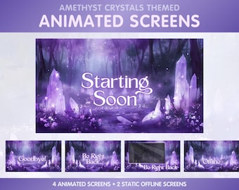 4 pantallas de transmisión animadas para Twitch: pantalla morada de "Comienza pronto", pantallas de "Vuelvo enseguida", pantalla de "Adiós" (final) - Cristales de amatista