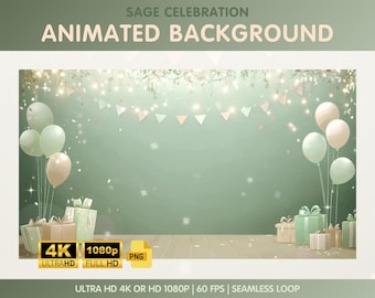 Fondo animado, fondo acogedor de cumpleaños para Vtuber, fondo verde salvia para Twitch, fiesta, confeti, globos y decoraciones para Twitch.