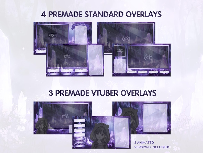 Puede incluir: Cuatro superposiciones de transmisi&oacute;n est&aacute;ndar de Twitch prefabricadas de color morado y blanco y tres superposiciones de VTuber prefabricadas de color morado y blanco. Las superposiciones presentan un fondo de cueva de cristal con un esquema de color morado y blanco.