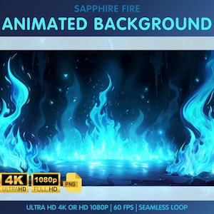 May include: Animated background featuring a seamless loop of blue flames on a dark background. The flames are animated to appear as if they are burning on a stone surface. The text "ULTRA HD 4K OR HD 1080P | 60 FPS | SEAMLESS LOOP" is at the bottom of the image.