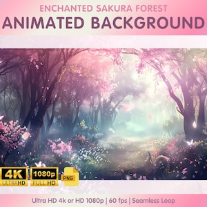 Sfondo animato con fiori di ciliegio rosa - Streamer Twitch, Vtuber, Sfondi Zoom, Sfondo desktop 4K - Foresta incantata di Sakura