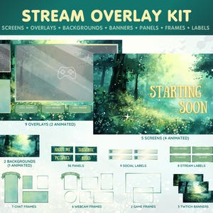 Pacote de sobreposição verde Twitch - Fundo animado, painéis Twitch, telas de transmissão em breve, sobreposições de webcam e muito mais - Forest Meadow