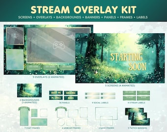 Paquete de superposiciones verdes para Twitch: fondos animados, paneles de Twitch, pantallas de próxima transmisión, superposiciones de cámara web y más - Forest Meadow