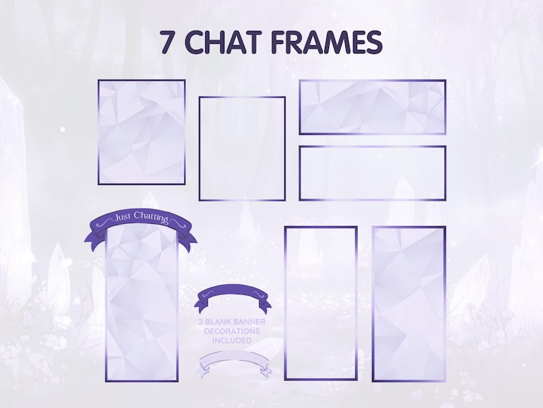 Puede incluir: Siete marcos de chat con un dise&ntilde;o de cristal morado. Los marcos est&aacute;n en blanco y se pueden usar para transmisi&oacute;n o videollamadas. El texto "7 Chat Frames" est&aacute; en la parte superior de la imagen. El texto "Just Chatting" est&aacute; en una pancarta en la parte inferior de la imagen. El texto "2 Blank Banner Decorations Included" tambi&eacute;n est&aacute; en la parte inferior de la imagen.