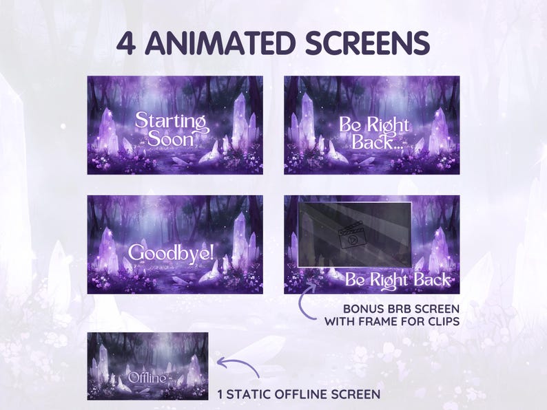 Puede incluir: Cuatro pantallas animadas con un fondo de bosque morado y blanco. Las pantallas muestran el texto "Starting Soon", "Be Right Back...", "Goodbye!" y "Be Right Back". Una pantalla est&aacute;tica con un fondo de bosque morado y blanco muestra el texto "Offline".