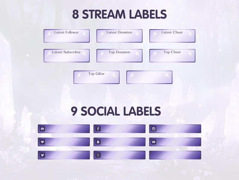 Puede incluir: Un conjunto de 8 etiquetas de transmisi&oacute;n de color morado y blanco con texto como "&Uacute;ltimo seguidor", "&Uacute;ltima donaci&oacute;n", "&Uacute;ltimo aplauso", "Mejor donaci&oacute;n", "Mejor aplauso" y "Mejor donante".  Debajo de las etiquetas de transmisi&oacute;n hay 9 etiquetas de redes sociales de color morado y blanco con iconos para Twitch, Facebook, Instagram, Twitter, YouTube, Discord y un icono de campana.