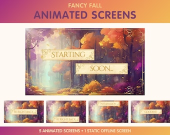 5 pantallas de transmisión animadas para Twitch: pantalla de "próximamente", "Vuelvo enseguida", intermedio, "desconectado", "adiós", pantalla de fin - Tema de otoño