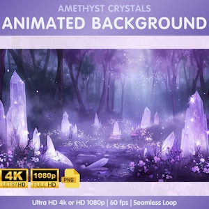 May include: Animated background featuring a purple forest with glowing amethyst crystals and a soft, ethereal glow. The background is seamless and loops smoothly.
