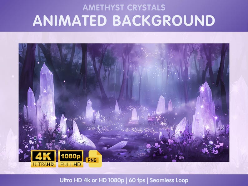 May include: Animated background featuring a purple forest with glowing amethyst crystals and a soft, ethereal glow. The background is seamless and loops smoothly.