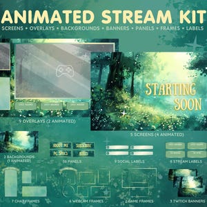 Green Twitch Overlay Package - Animated Background, Twitch Panels, Stream Starting Soon Screens, Webcam Overlays and More - Forest Meadow