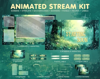 Paquete de superposiciones verdes para Twitch: fondos animados, paneles de Twitch, pantallas de próxima transmisión, superposiciones de cámara web y más - Forest Meadow