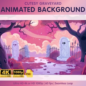 May include: Animated graveyard background in pink and purple tones. The image shows cartoon tombstones, a fence, and a path leading to a full moon. Text at the top reads "CUTESY GRAVEYARD ANIMATED BACKGROUND".